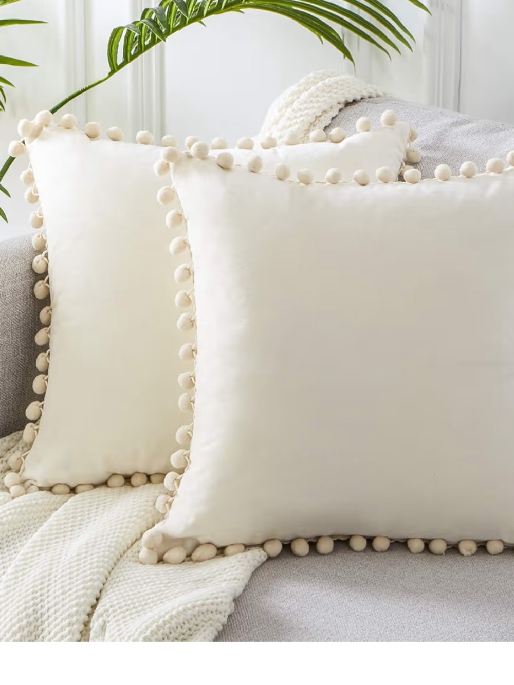 Cream Pom Pom Throw Pillow Covers - Set of 2 18”